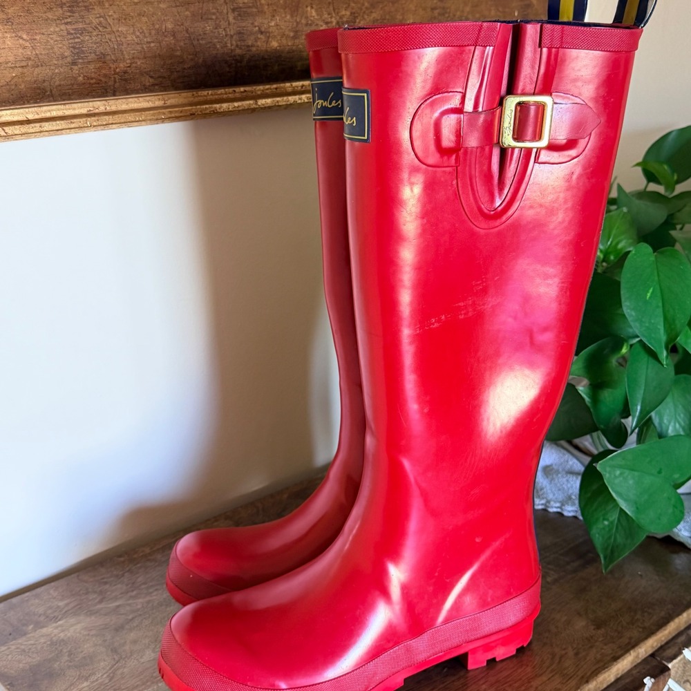 Joules Fieldwelly Rain Boots Size 9 Red Tall Rubber Buckle Waterproof Welly